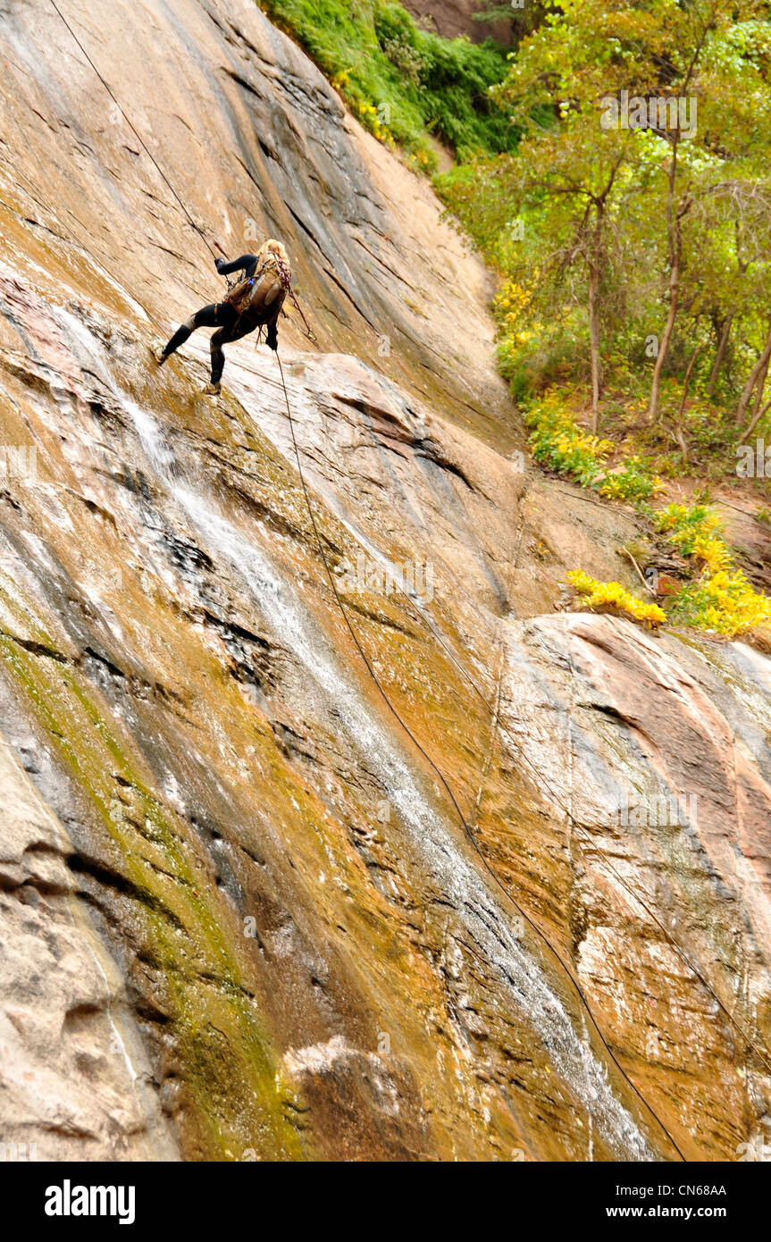 Rappelling in Utah's Zion Canyon. Foto Stock