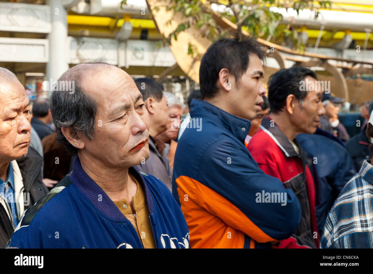 Uomo di Taiwan masticare betel il dado in gruppo nel Parco Mangka Taipei Taiwan. JMH5677 Foto Stock