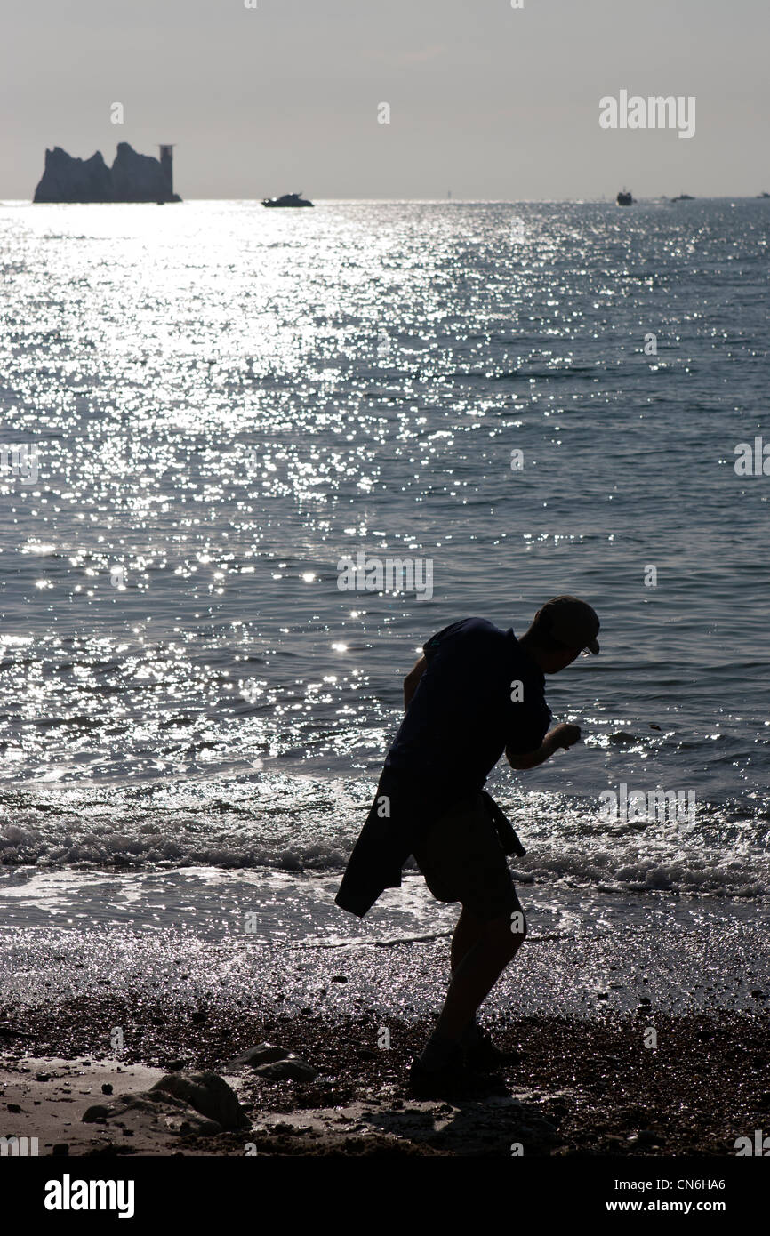 Gli aghi con l uomo la scrematura di pietre nel mare, allume Bay, Isle of Wight, Inghilterra, Regno Unito. Foto Stock