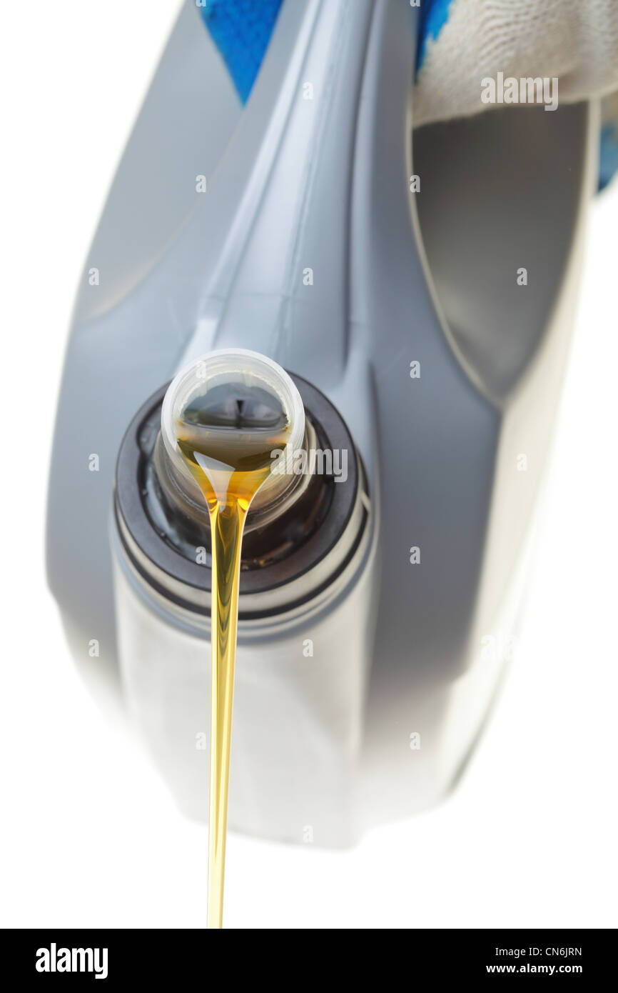 Possibile con auto olio motore isolato su bianco Foto Stock