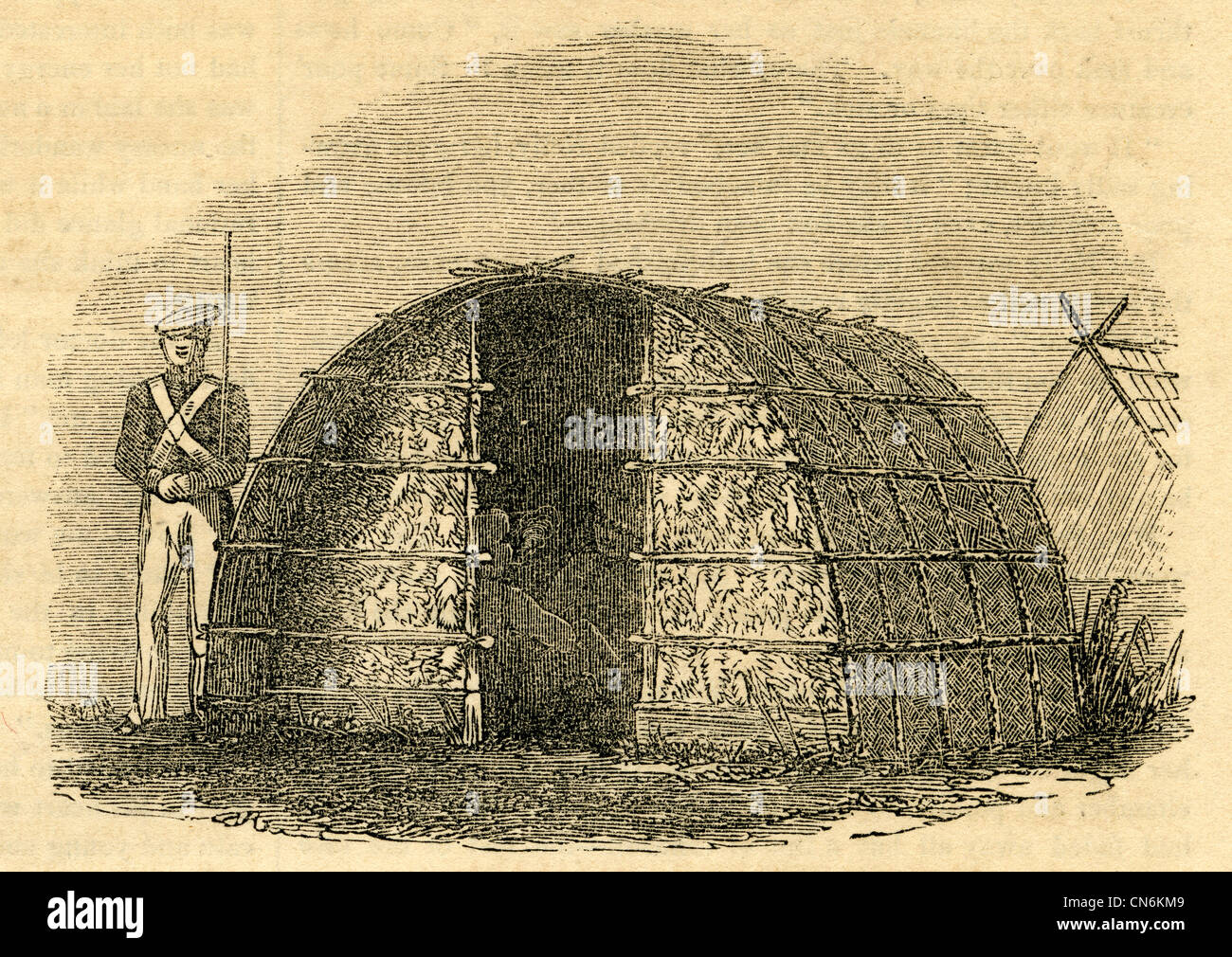 1854 incisione, i Comandanti' Guard-house a Ruapekapeka con truppe caserme in background. Foto Stock