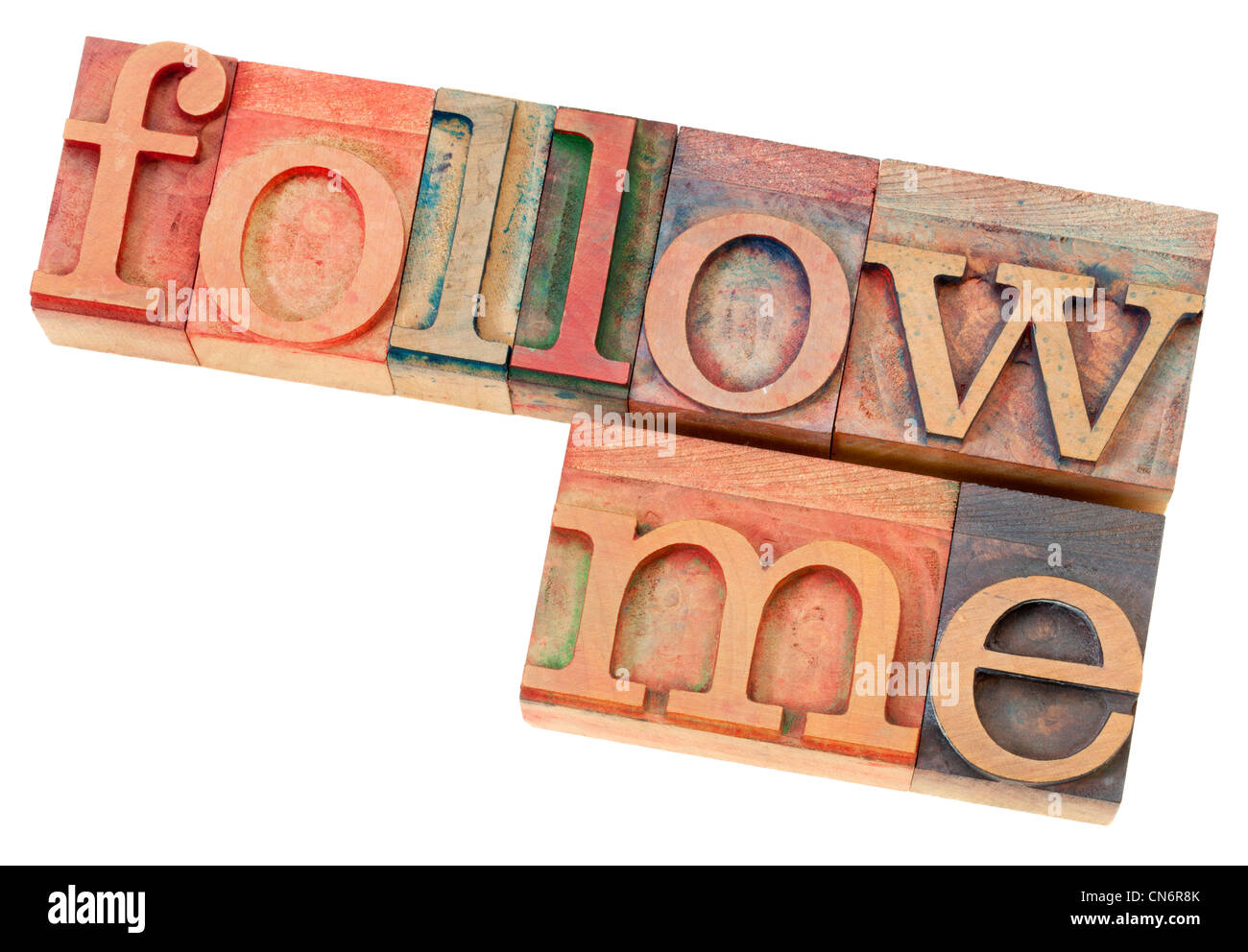 Follow me - concetto di leadership - isolato di una frase in rilievografia vintage tipo legno Foto Stock