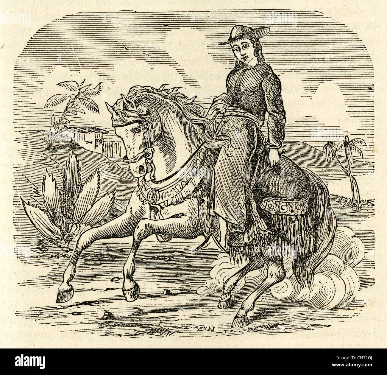 1871 incisione, una donna peruviana a cavallo. Dal semplice parlare di casa Medici e il senso comune di Edward B. Foote. Foto Stock