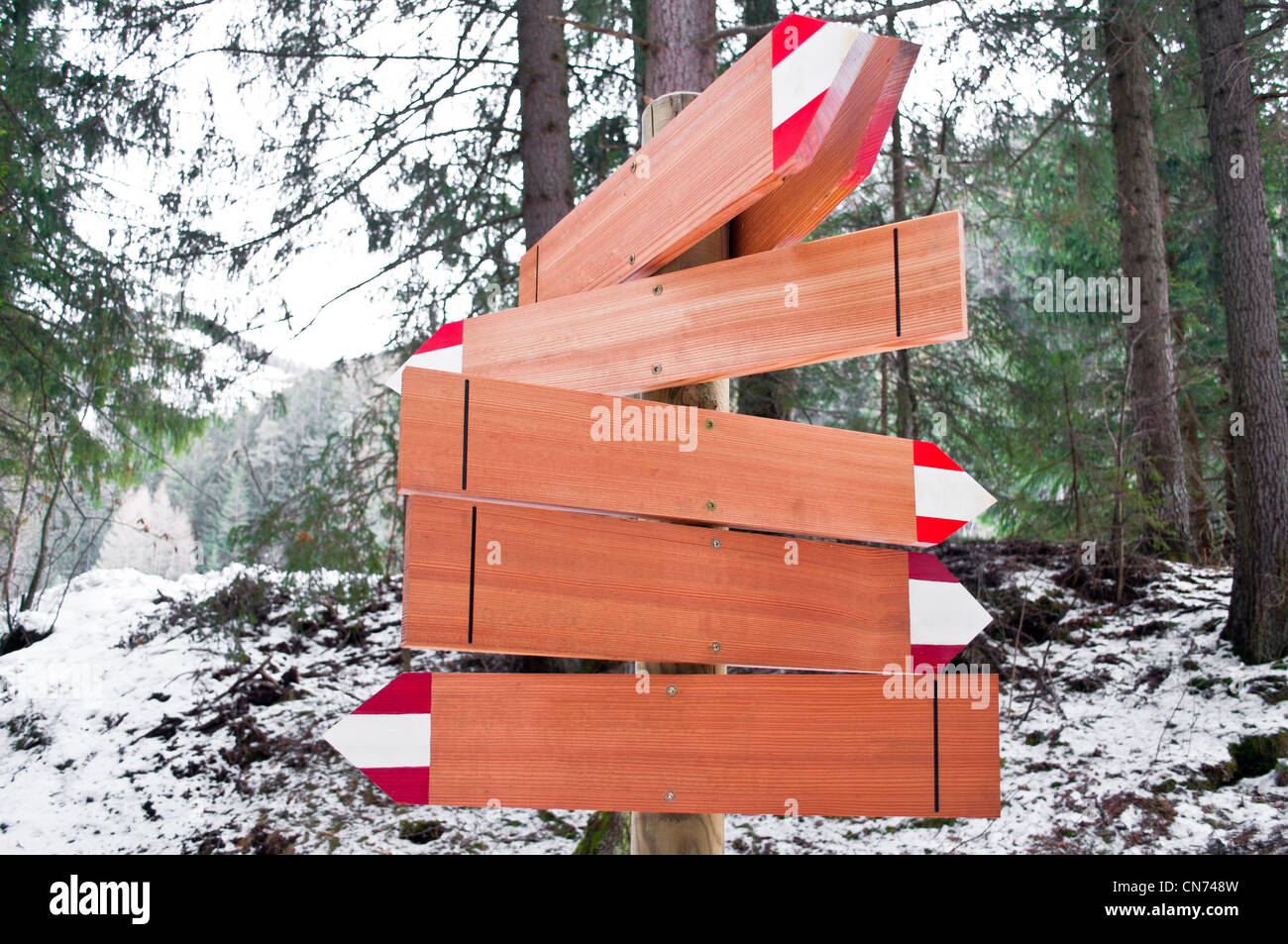 Sentiero freccia vuota segni di legno in un modo paesaggio invernale Foto Stock