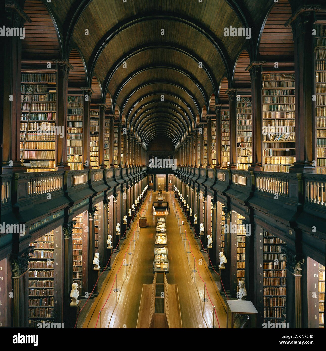 Biblioteca presso il Trinity College di Dublino - La Sala lunga - una bella e famosa e storica vecchia libreria in Irlanda Foto Stock