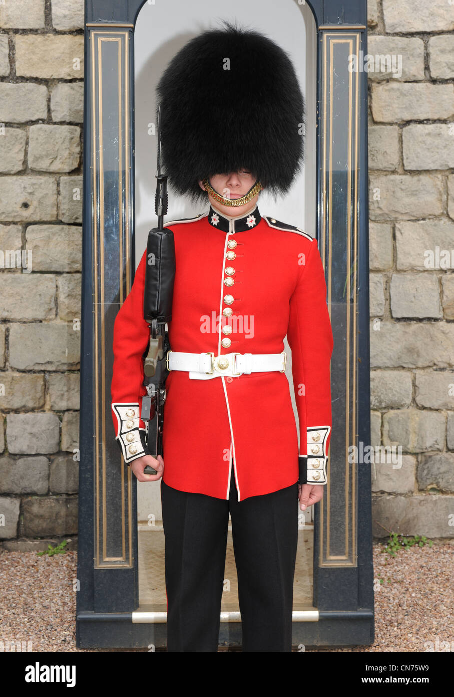 Una guardia Coldstream sul Royal Guard dazi al Regina Elizabeths residence, Il Castello di Windsor. Foto Stock