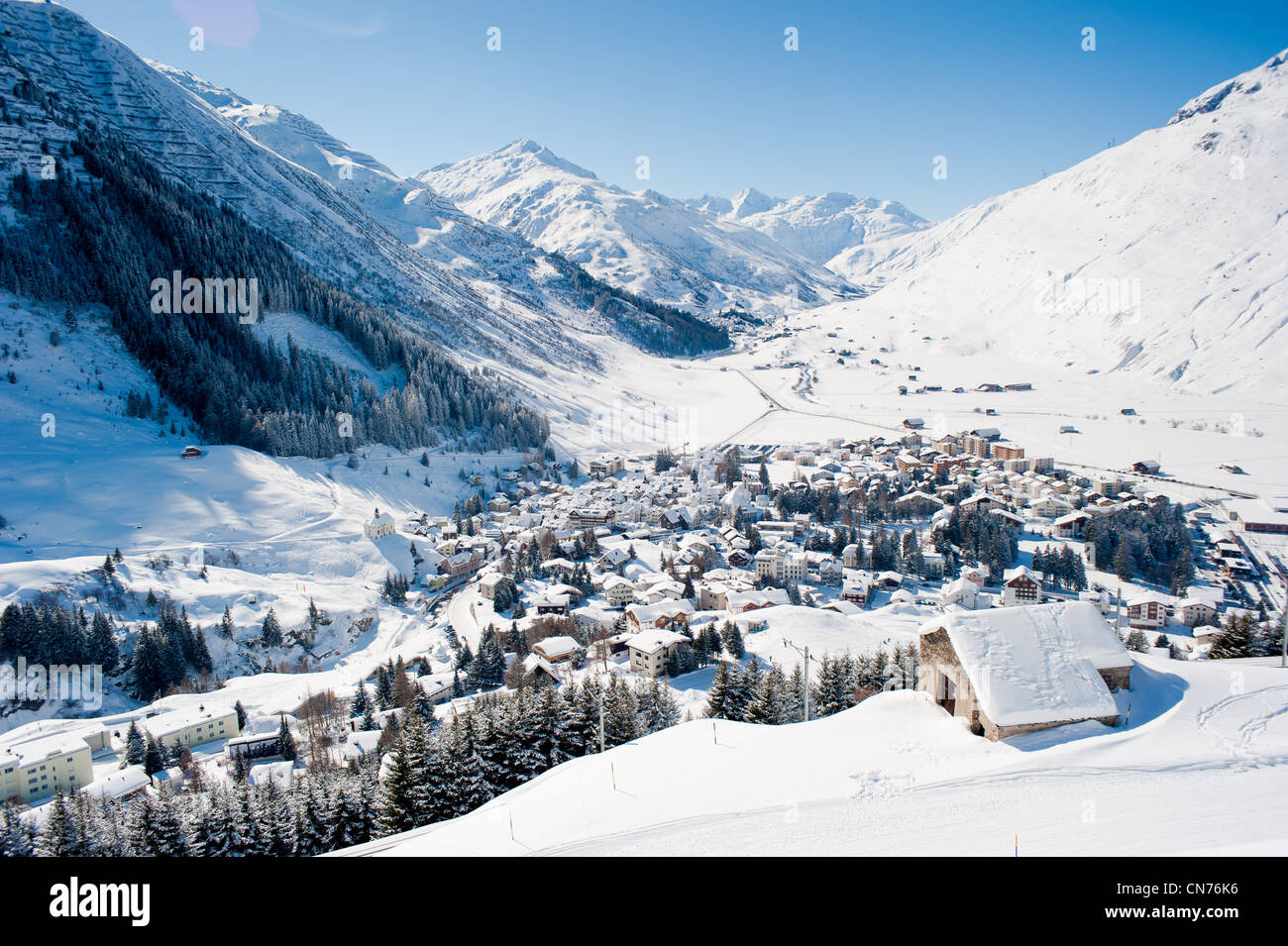 Il villaggio Andermatt in inverno, Uri, Svizzera Foto Stock