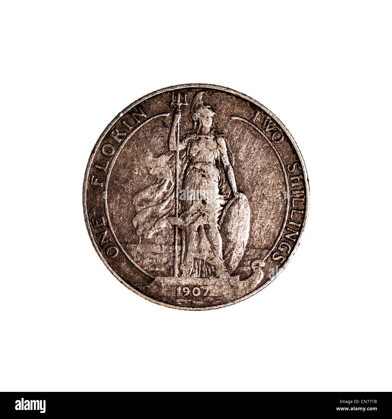 Un inglese pre uno decimale florin o due scellini moneta datata 1907 su sfondo bianco Foto Stock