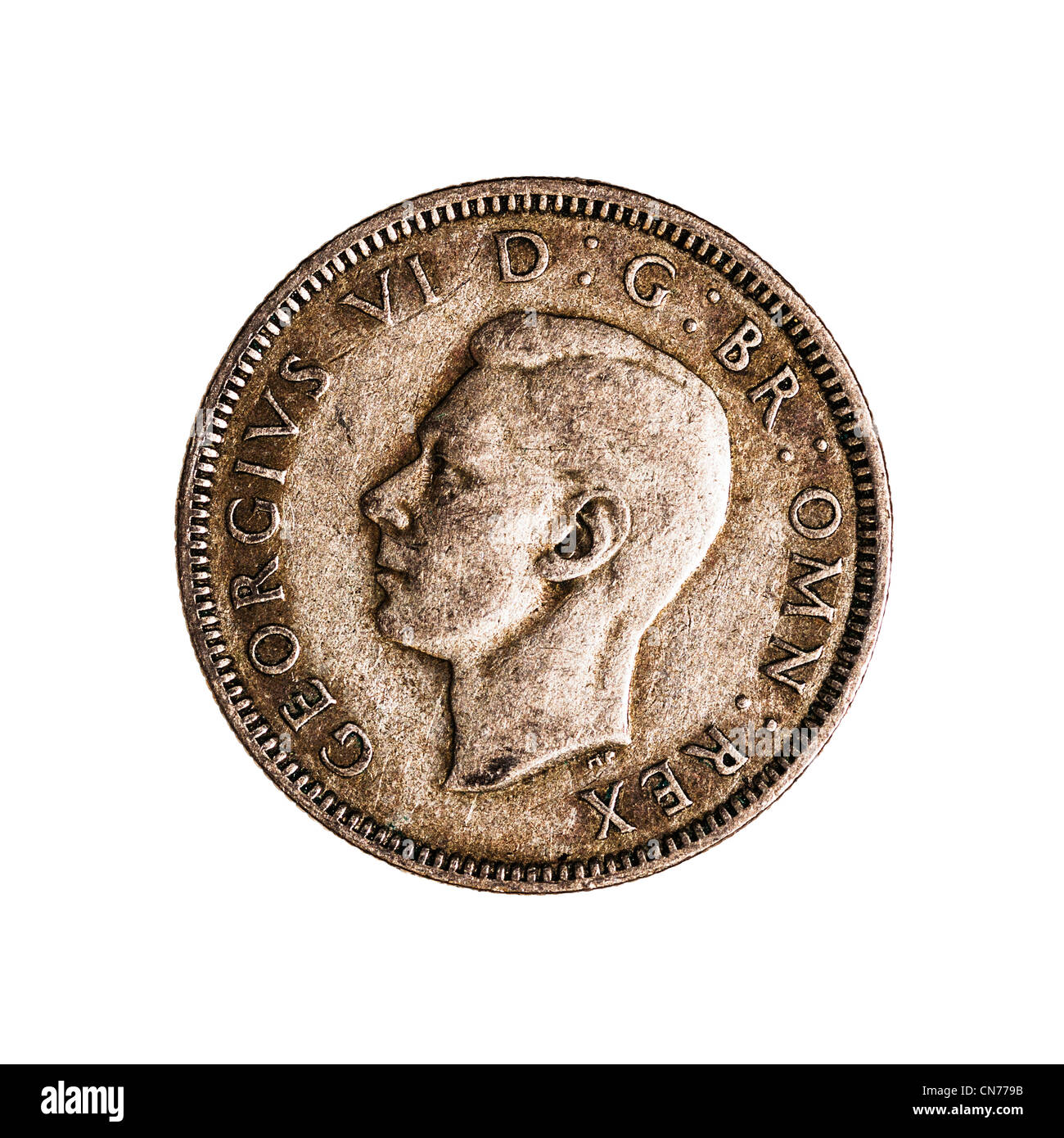 Un inglese pre scellino decimale moneta datata 1939 su sfondo bianco Foto Stock