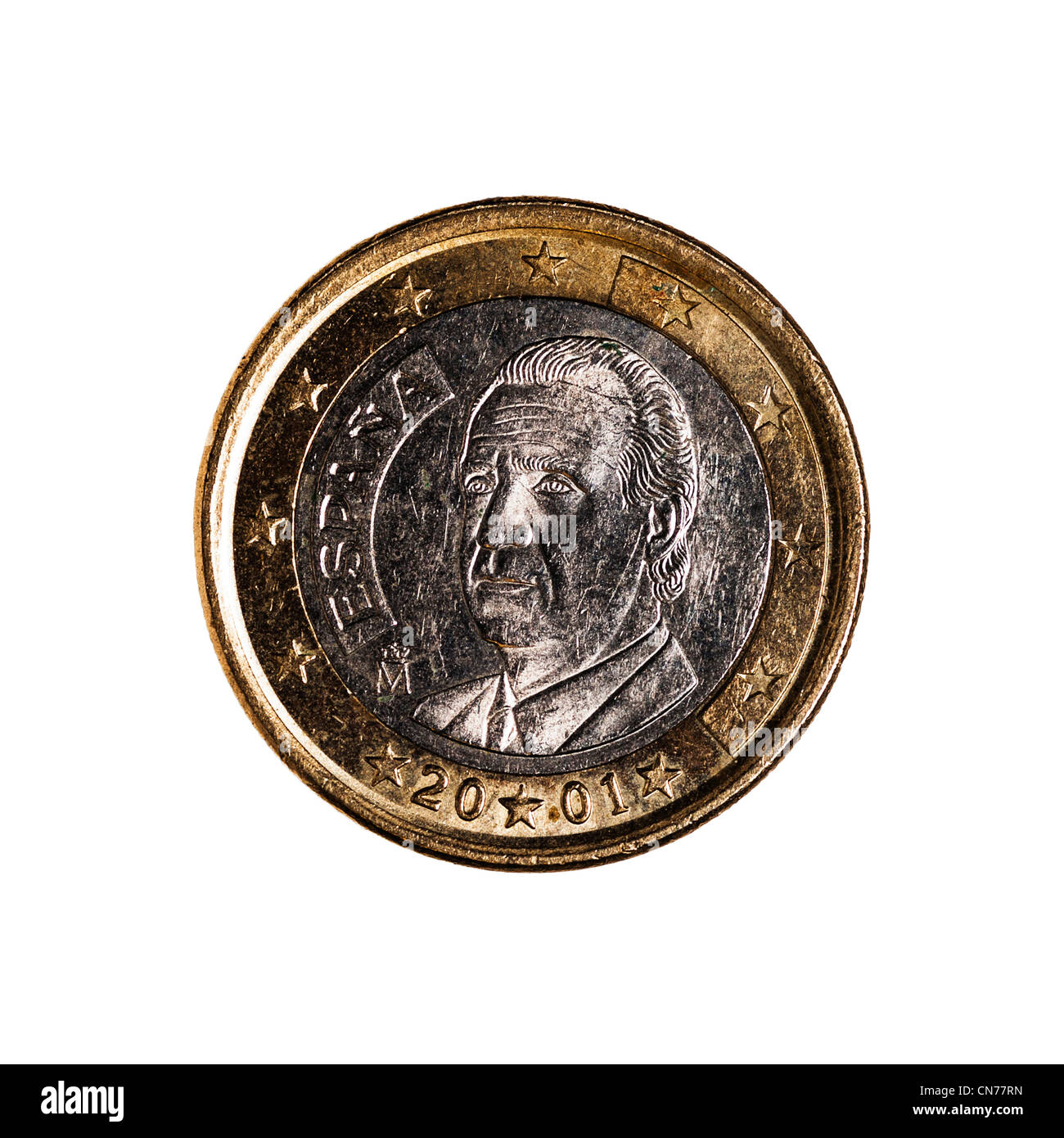 Una moneta euro su sfondo bianco Foto Stock