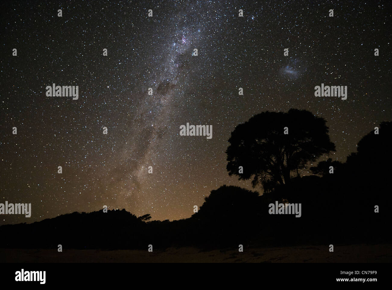 Stelle della Via Lattea e di altre galassie visibili dal Parco Nazionale Abel Tasman, Nuova Zelanda, 30 marzo 2009. (Adrien Veczan) Foto Stock