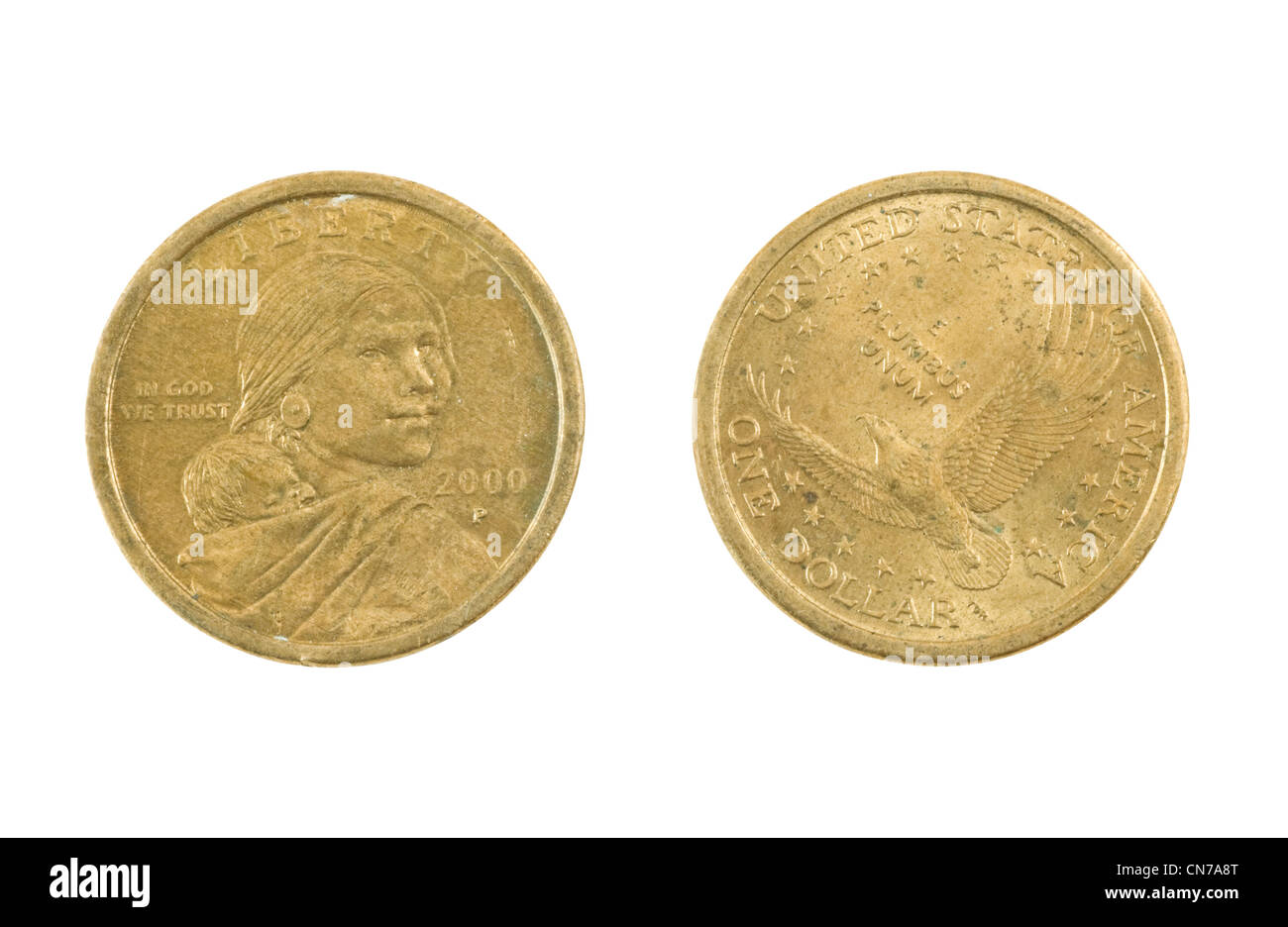 Stati Uniti un dollaro monete isolati su sfondo bianco. Foto Stock