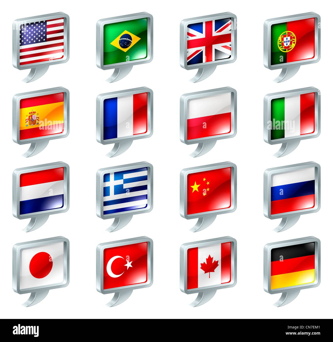 Bandiera discorso bolla icone pulsanti; per nulla legati alle lingue; regioni o di traduzione; o Paese specifico forum web. Foto Stock