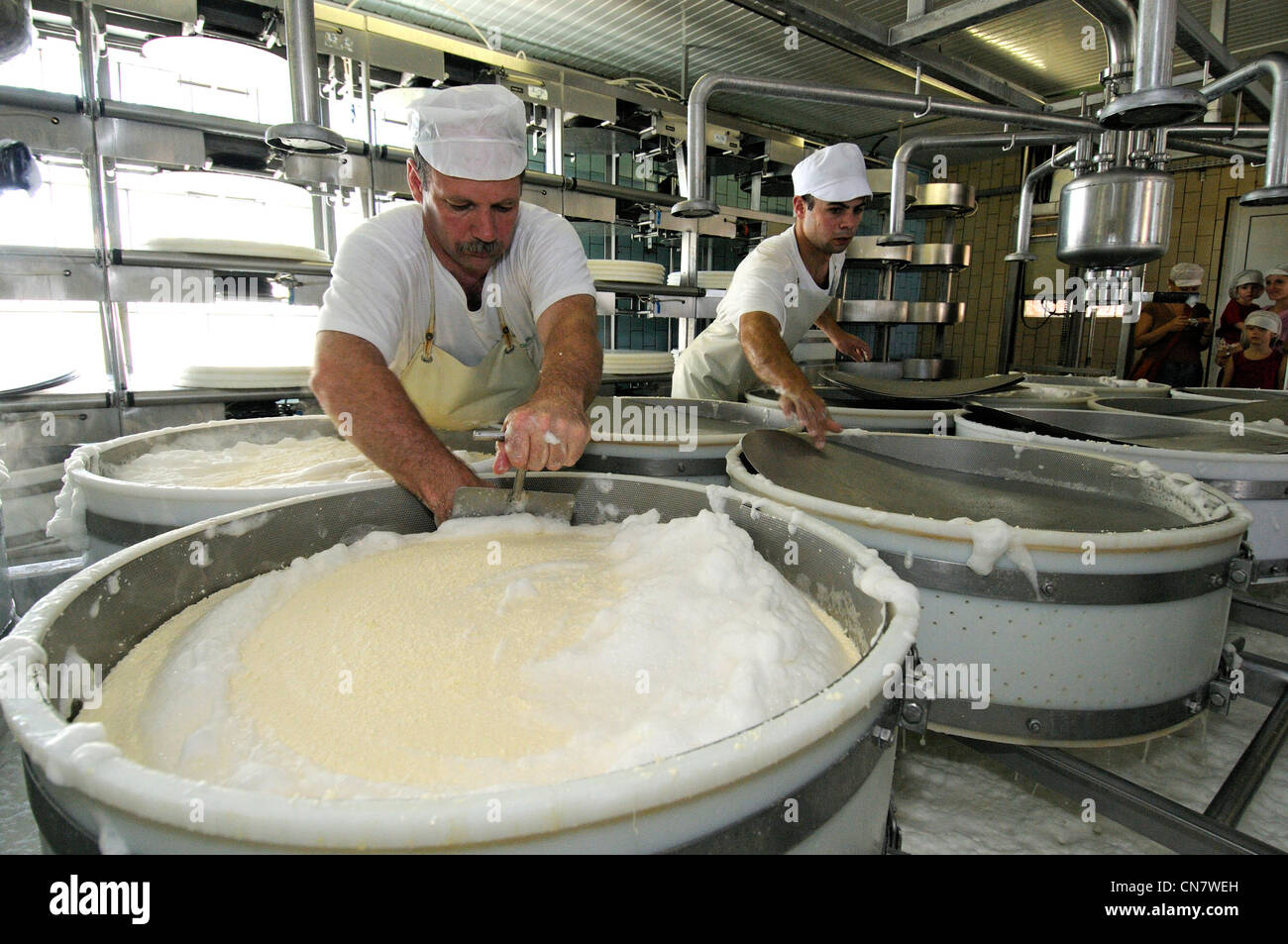 Francia, Doubs, Le Russey, formaggio o frutta County, Contea di fabbricazione, panning, posa della caseina per la tracciabilità Foto Stock