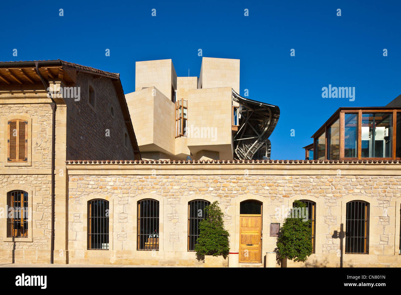 Spagna Paesi Baschi spagnoli, provincia di Alava, Rioja Alavesa, Elciego, cantine con Hotel Marques de Riscal progettato da Foto Stock