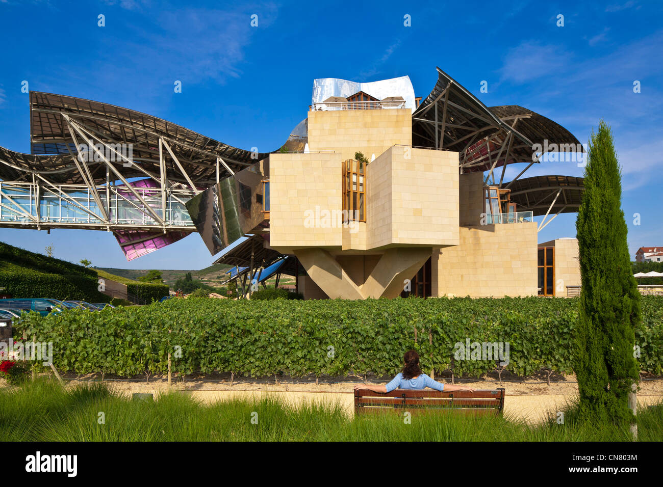 Spagna Paesi Baschi spagnoli, provincia di Alava, Rioja Alavesa, Elciego, Hotel Marques de Riscal progettato dall architetto Frank Owen Foto Stock