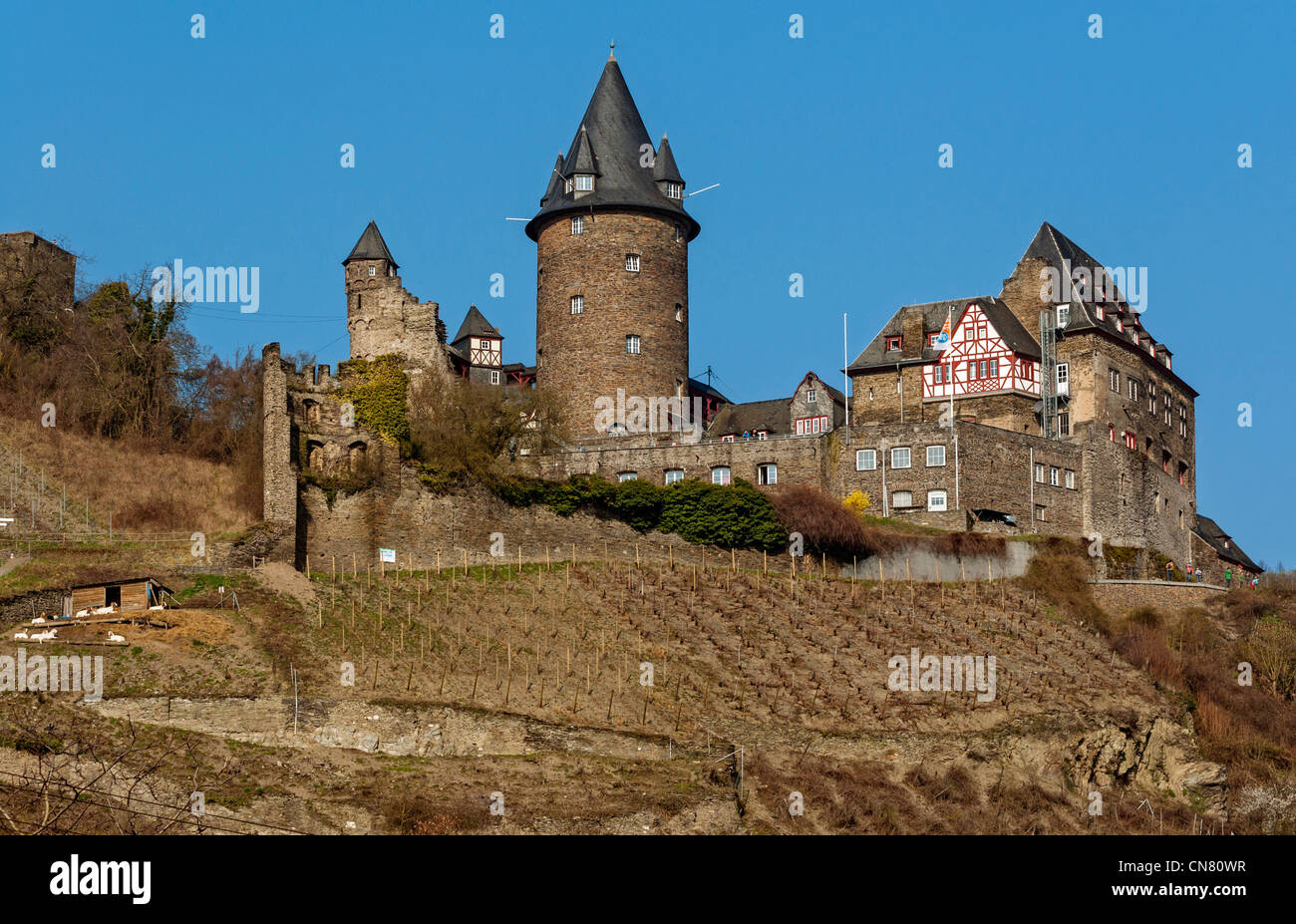 Castello Stahleck sopra Bacharach nell'UNESCO elencati "Valle del Reno superiore e centrale', Renania Palatinato, Germania. Foto Stock