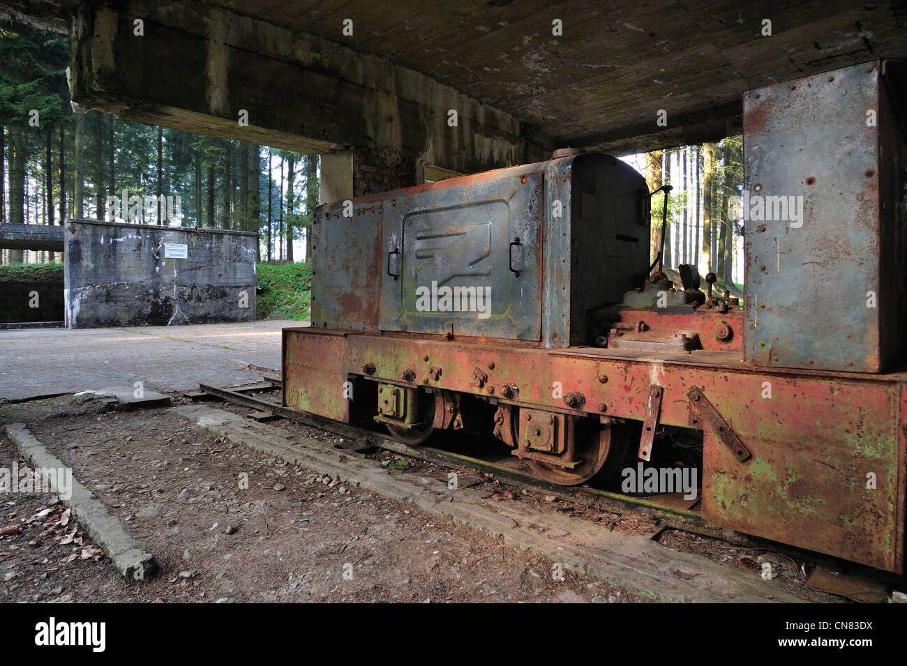 La Seconda Guerra mondiale i trasporti locomotiva nel bunker a V1 sito di lancio per lanciare bombe volanti, Ardouval / Val Ygot, Normandia, Francia Foto Stock