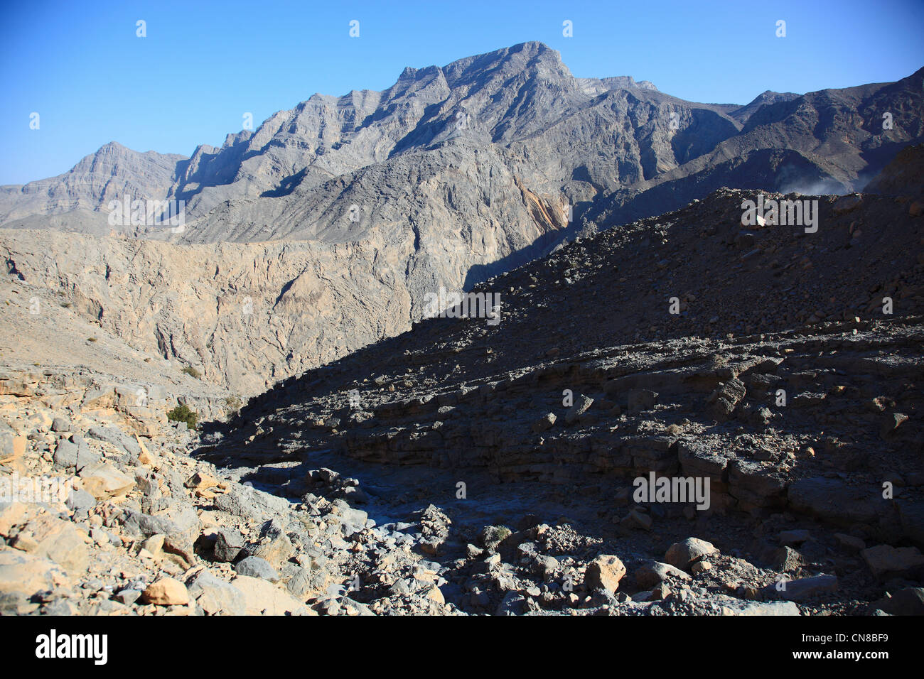 Landschaft im Jebel Harim capitolo Gebiet,, in der omanischen Enklave Musandam, Oman Foto Stock