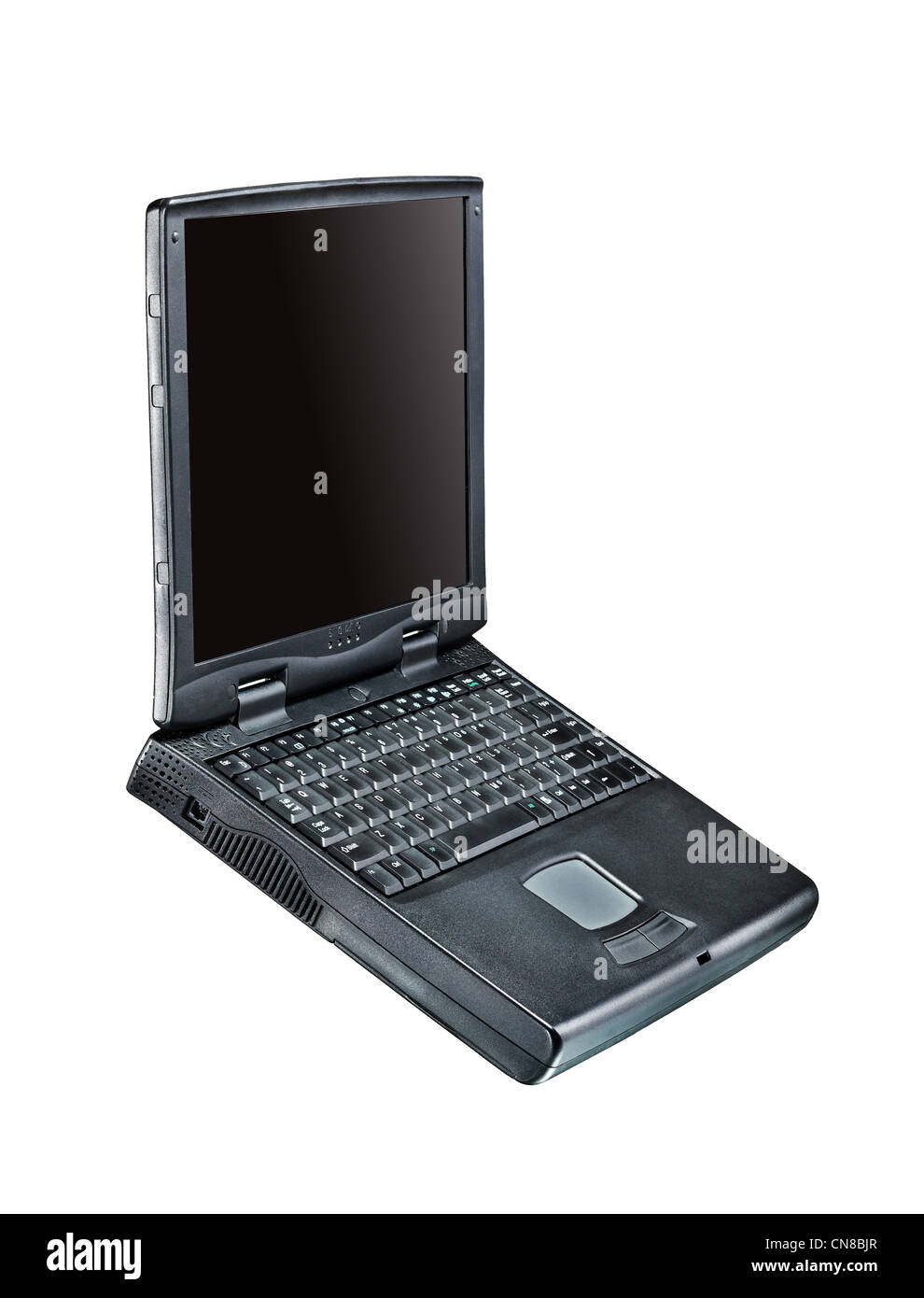 Nero computer portatile. Vista frontale. Schermo nero in vista laterale. Foto Stock