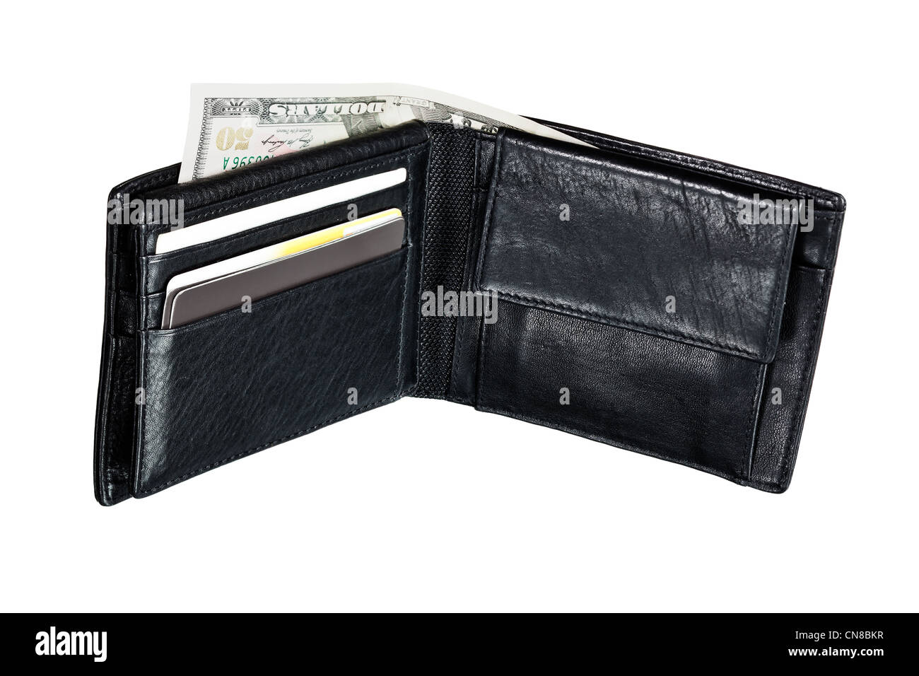 Nero portafoglio in pelle con contanti e carte di credito in esso. Foto Stock