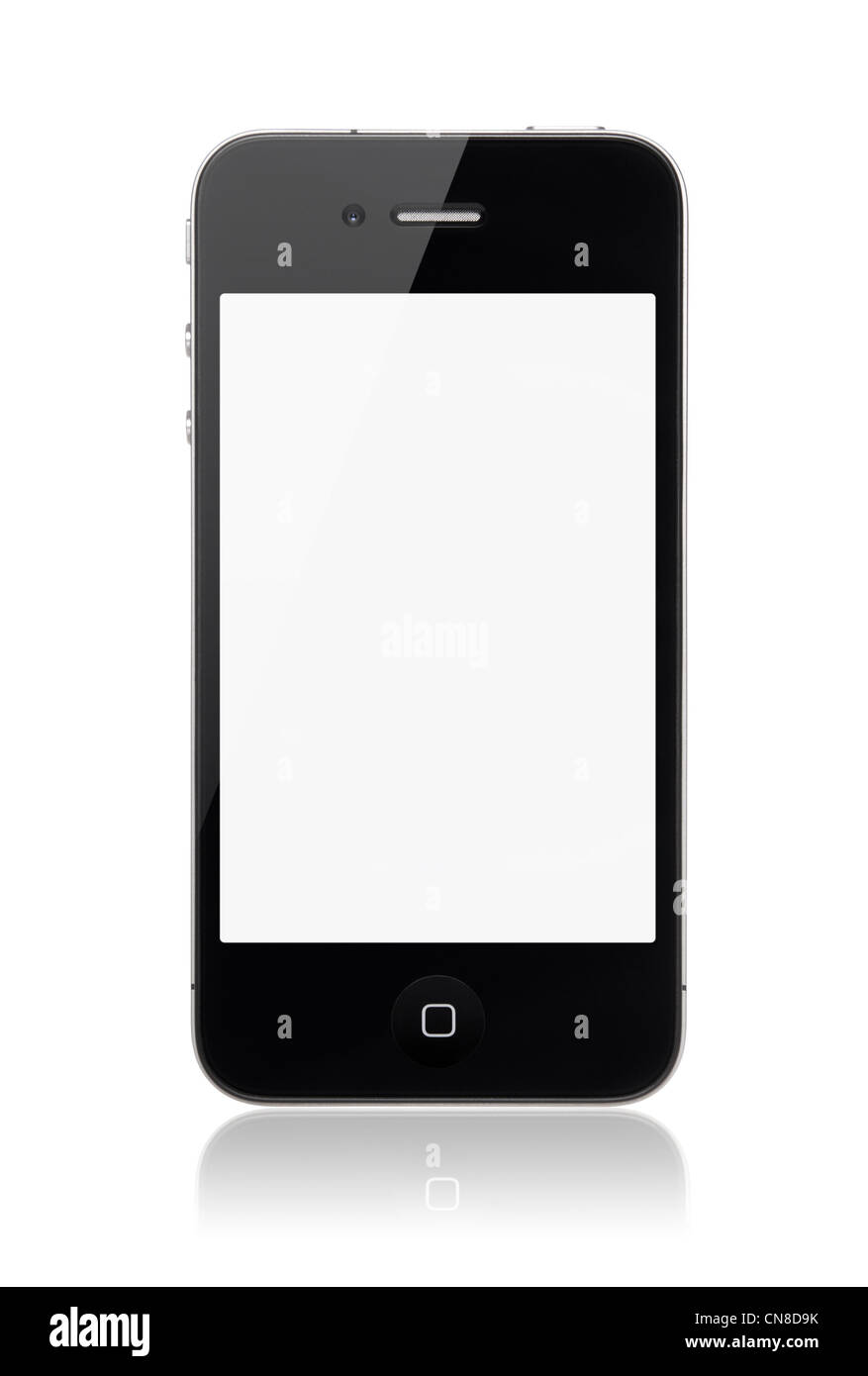 Apple iPhone 4S con schermo vuoto isolato su uno sfondo bianco. Vista frontale, studio shot. Foto Stock