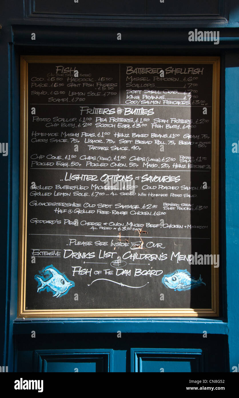 " Il grande pesce britannico e del Chip Shop" menu, Greenwich, Londra, Regno Unito. Foto Stock