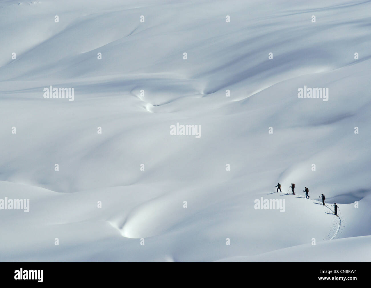Il Libano, Monte Libano, Jabal Sannine Mountain Range, backcountry sciatori dopo una neve pesante Foto Stock