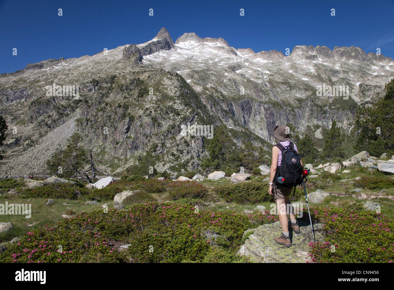 Francia, Hautes Pirenei Aragnouet, escursionista su un sentiero per il picco di Neouvielle Foto Stock