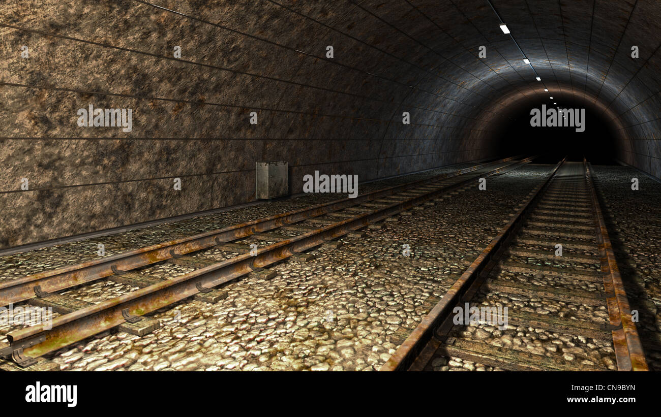 Il vecchio treno tunnel con due tracce di ruggine. Foto Stock