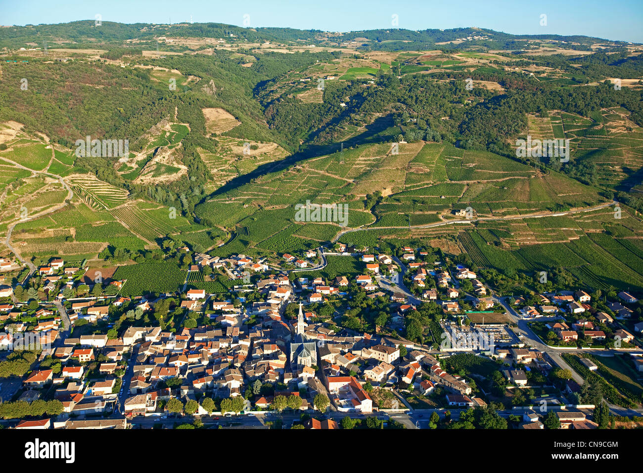 Francia, Ardeche, Cornas, il villaggio e AOC Cotes du Rhone vigna (vista aerea) Foto Stock