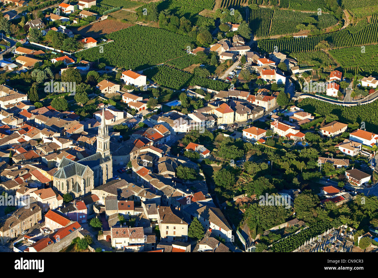 Francia, Ardeche, Cornas, il villaggio e AOC Cotes du Rhone vigna (vista aerea) Foto Stock