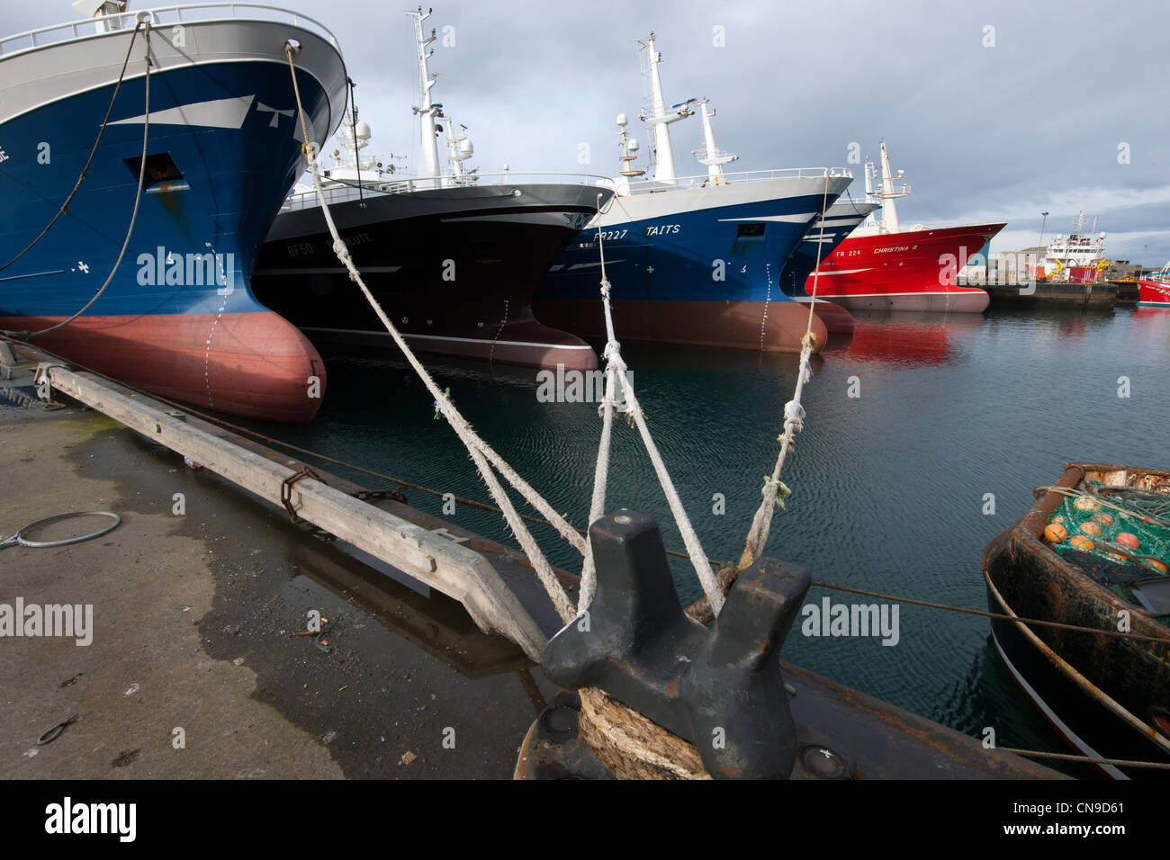 La pesca in mare profondo le navi per la pesca a strascico ormeggiata nel porto di Fraserburgh, Fraserburgh, Aberdeenshire, Scozia. Foto Stock