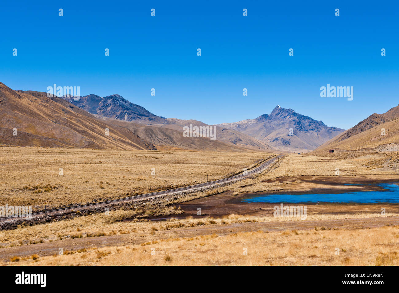 Il Perù, Puno provincia, paesaggio dell'Altiplano, linea ferroviaria che collega Cuzco a Puno Foto Stock