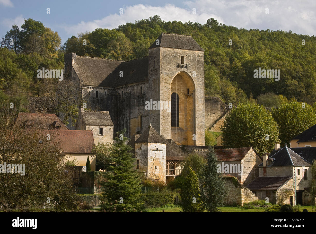 Francia, Dordogne Périgord Nero, Saint Amand de Coly, l'abbazia di Saint Amand de Coly e case di villaggio Foto Stock