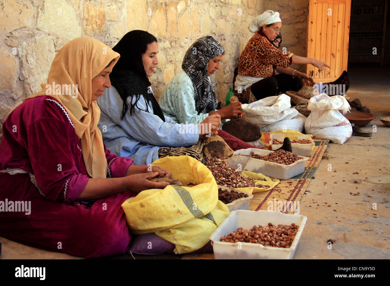 Donne berbere di estratto di olio di Argan dal dado di Argan, kernals Assous Argane co-operativa/fabbrica, vicino a Essaouira, a sud-ovest del Marocco Foto Stock