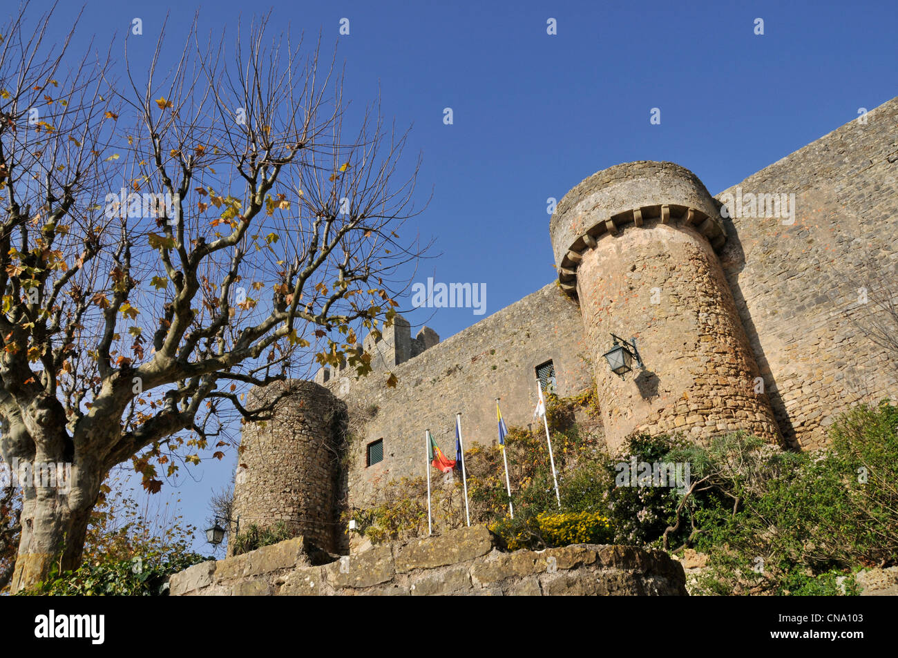 Castello e parete, Obidos, Portogallo Foto Stock