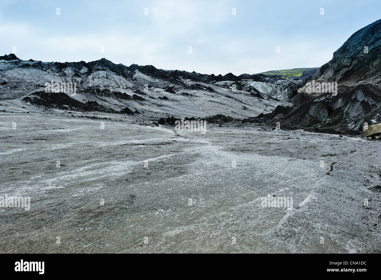 Vista del ghiacciaio Solheimajokull, Islanda Foto Stock