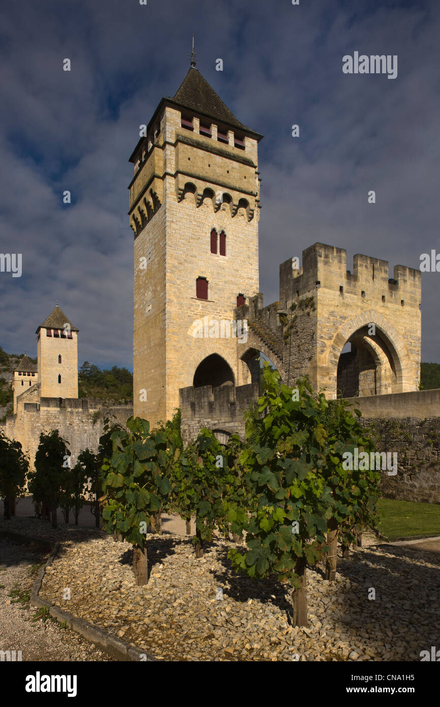 Francia, Lot, Cahors, la Valle del Lot e il Ponte Valentre e il giardino di intossicazione che fa parte dei giardini segreti Foto Stock