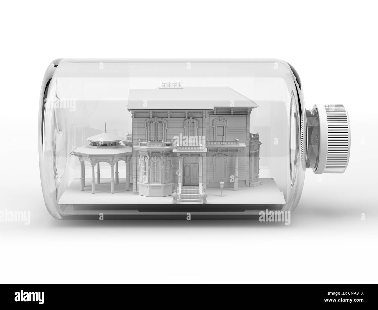 Victorian bella casa, all'interno di una bottiglia, su sfondo bianco. Percorso di clipping incluso. Foto Stock