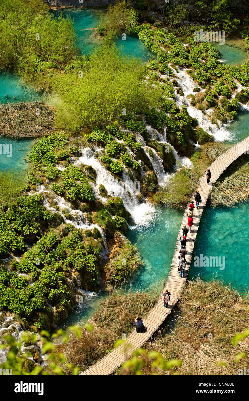 Laghi di Plitvice acqua minerale laghi e cascate. Laghi di Plitvice ( Plitvička ) Lakes National Park, Croazia. Un sito Patrimonio Mondiale dell'UNESCO Foto Stock