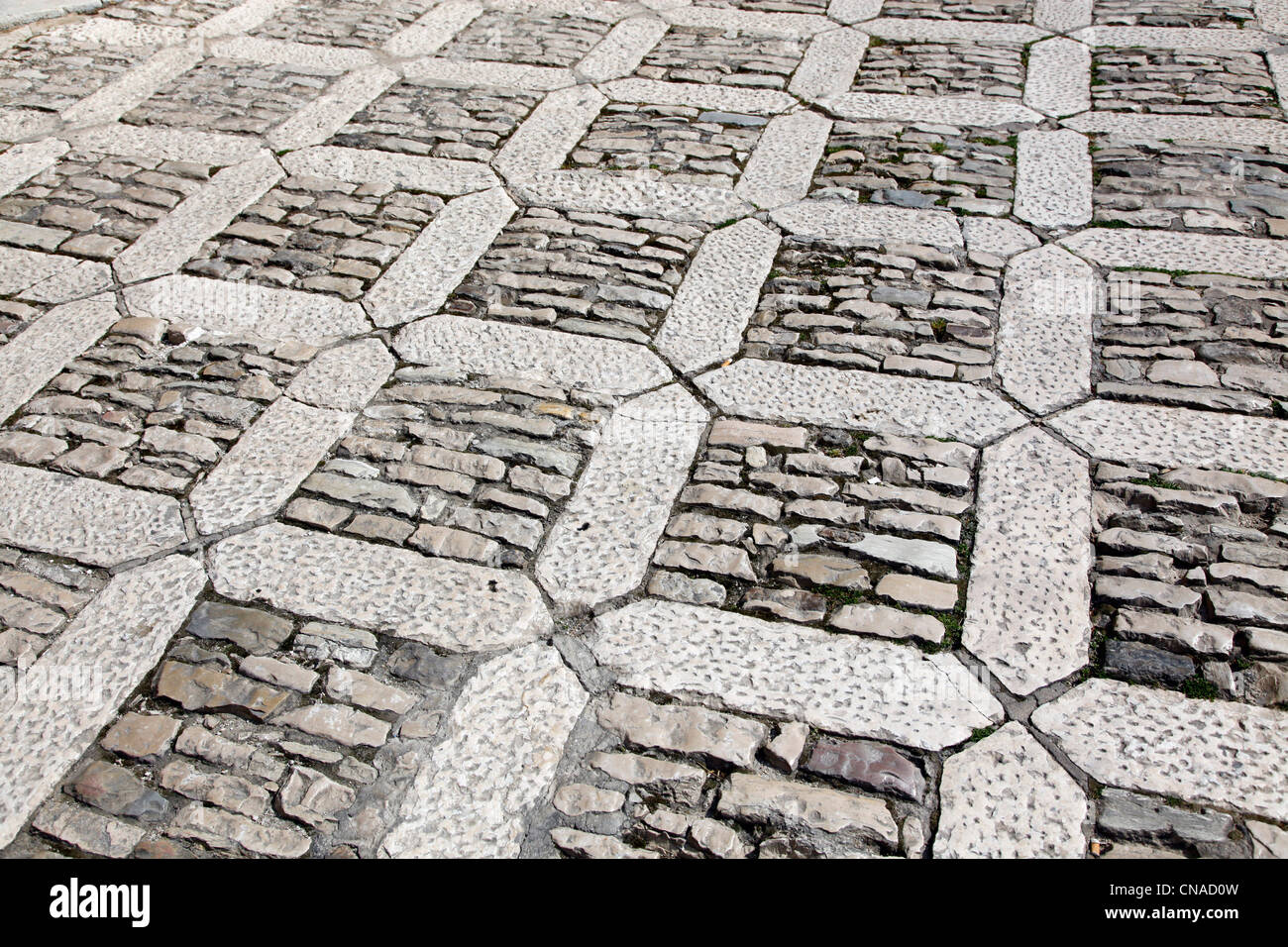 Pietra lastricata strada background in Erice, in Sicilia, Italia Foto Stock Pietra lastricata strada background in Erice, in Sicilia, Italia Foto Stock
