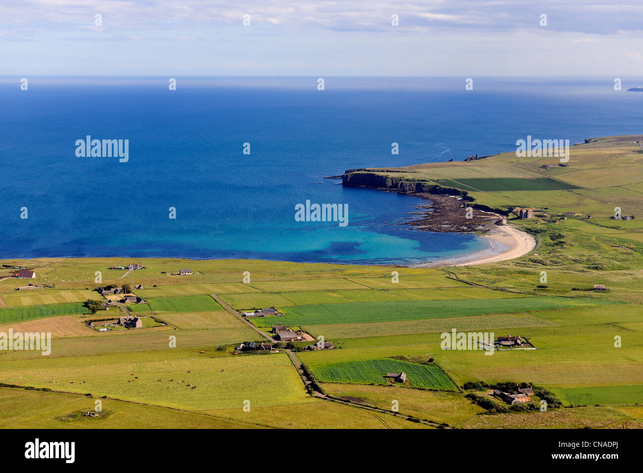 Regno Unito, Scozia, Highland, la costa orientale di Caithness a nord di stoppino, fattorie intorno Freswick Bay (Vista aerea) Foto Stock