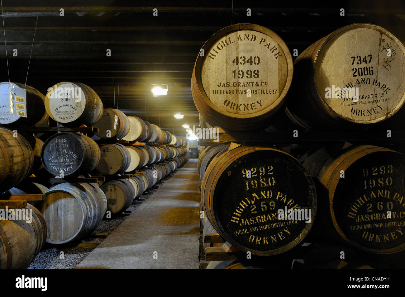 Regno Unito, Scozia, isole Orcadi, Kirkwall, Highland Park Whisky Distillery, lo stoccaggio delle botti per la maturazione della Foto Stock