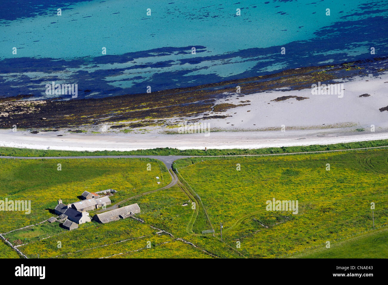 Regno Unito, Scozia, isole Orcadi, Papa Westray Isola, farm mediante il mare e la spiaggia (vista aerea) Foto Stock