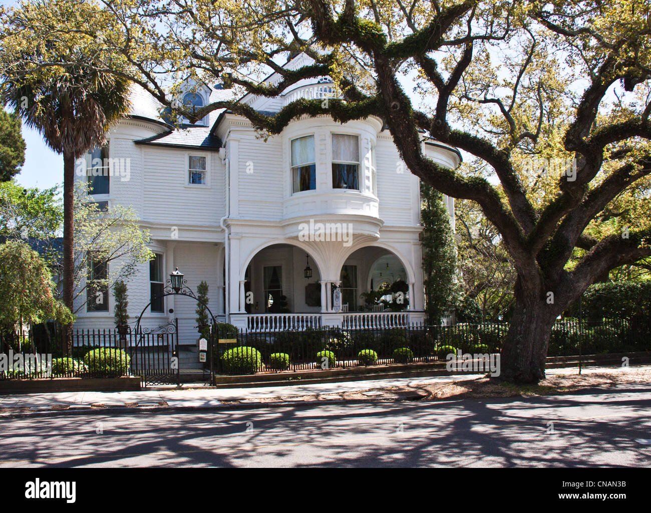 Scena di strada, le case storiche, segni, fioriere in Charleston, Carolina del Sud Foto Stock