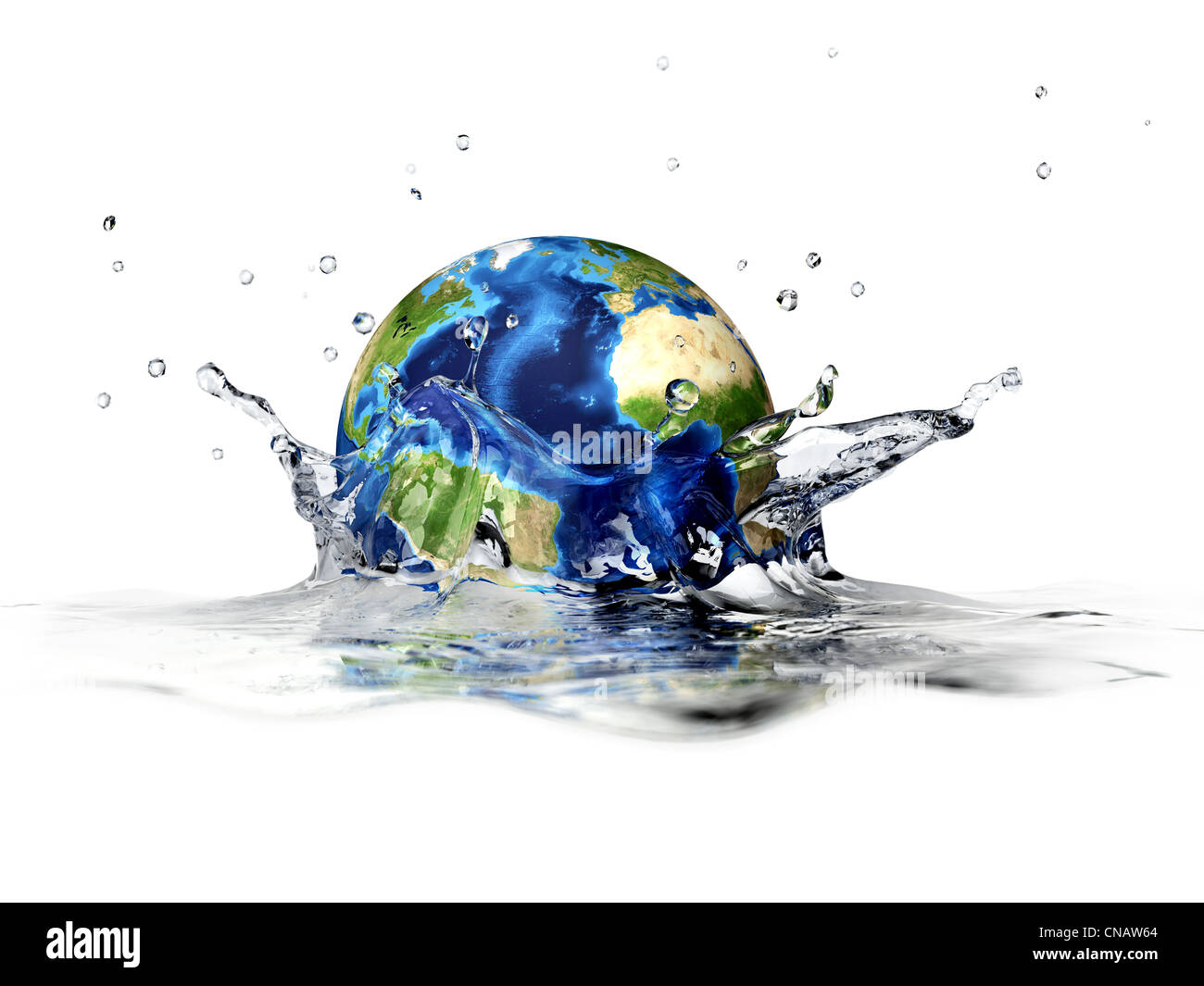 Il pianeta Terra, cadendo in acqua chiara, formando una corona splash. Con la profondità di campo. 3 D rendering digitale su sfondo bianco. Foto Stock