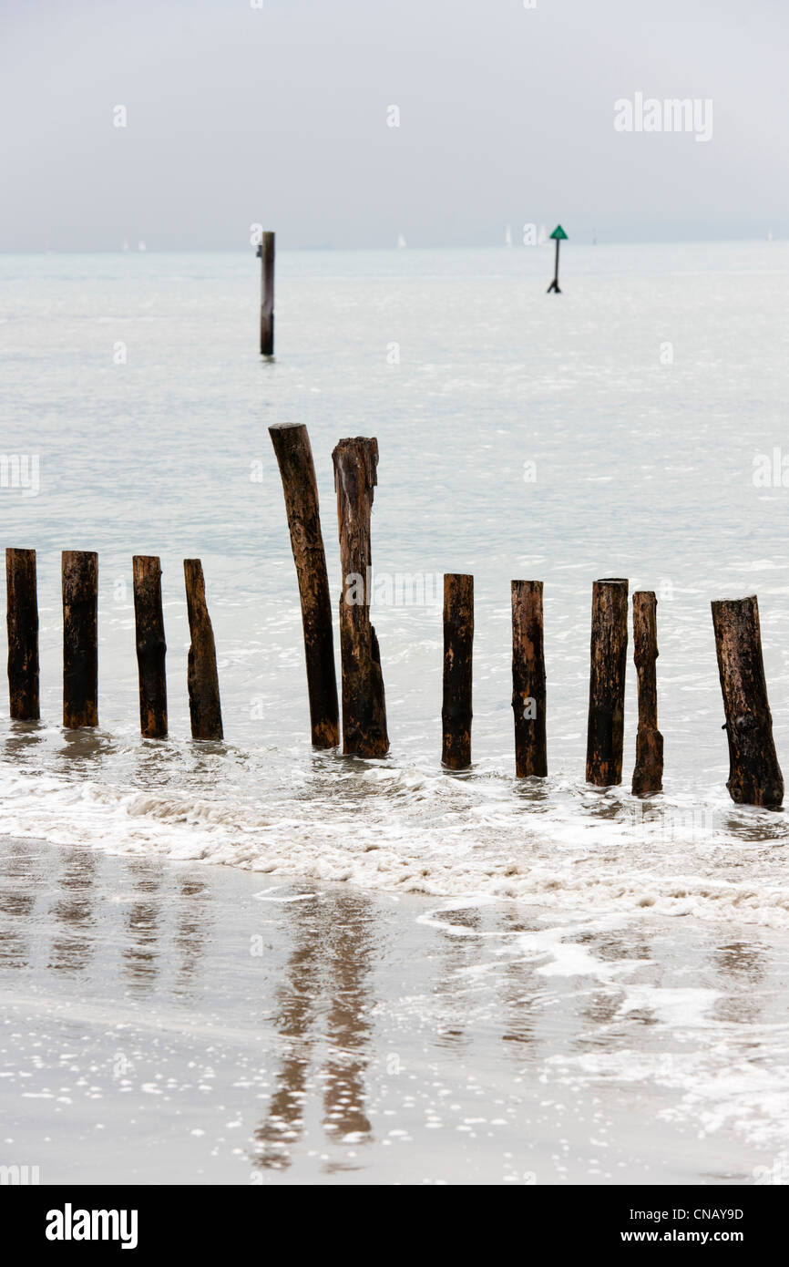 Pennelli che sono utilizzati come un mare di difesa a ridurre erosione visto qui in spiaggia West Wittering ,West Sussex a Spring Tide Foto Stock