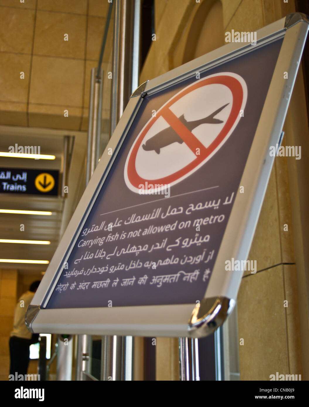 Un segno in Al Ghubaiba stazione della metropolitana 'che trasportano il pesce non è consentita su metro', Dubai, Emirati Arabi Uniti Foto Stock