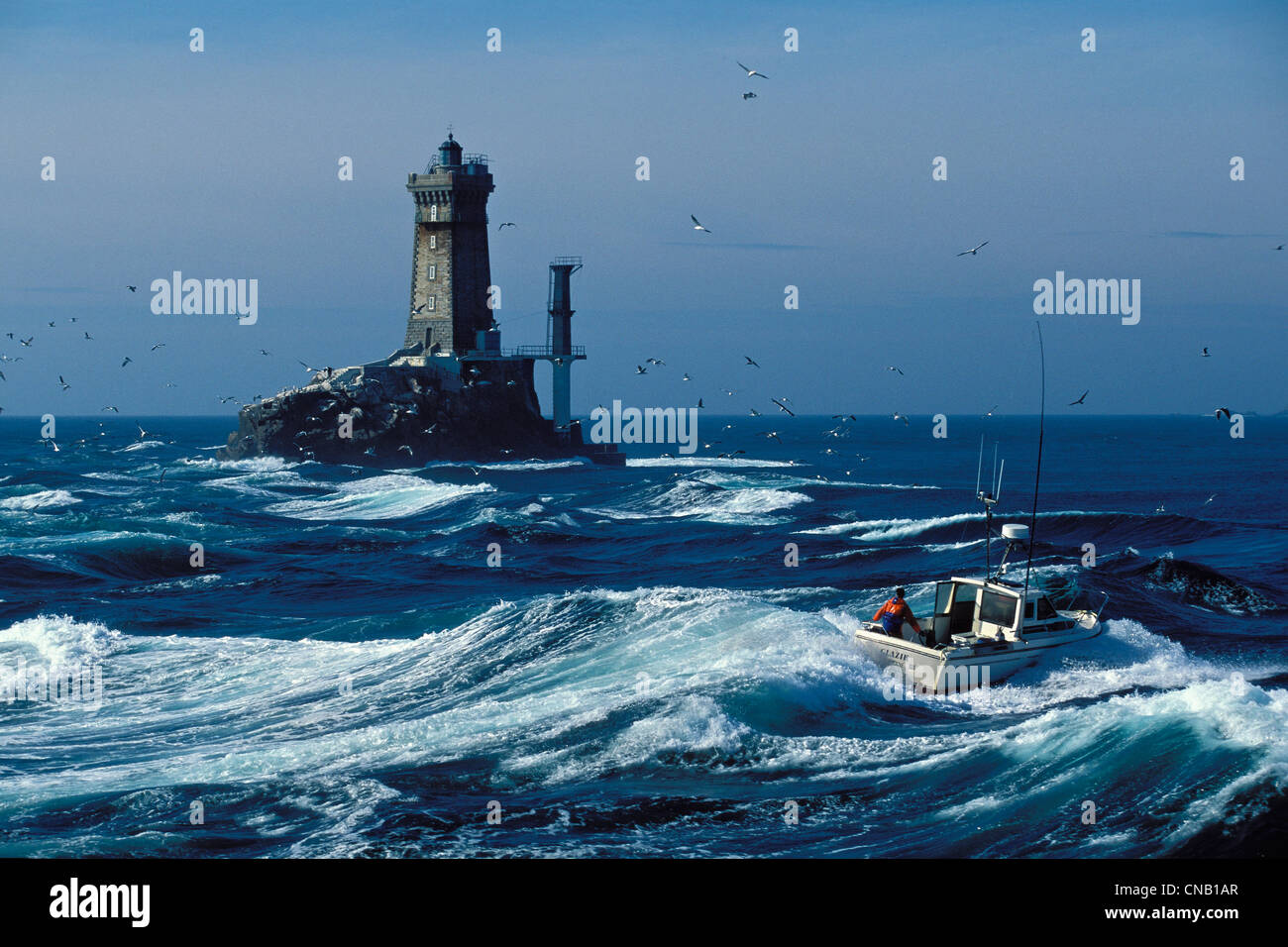 Francia, Finisterre, Iroise Mare, Pointe du Raz, La Vieille Faro e barca per pesca bass (vista aerea) Foto Stock
